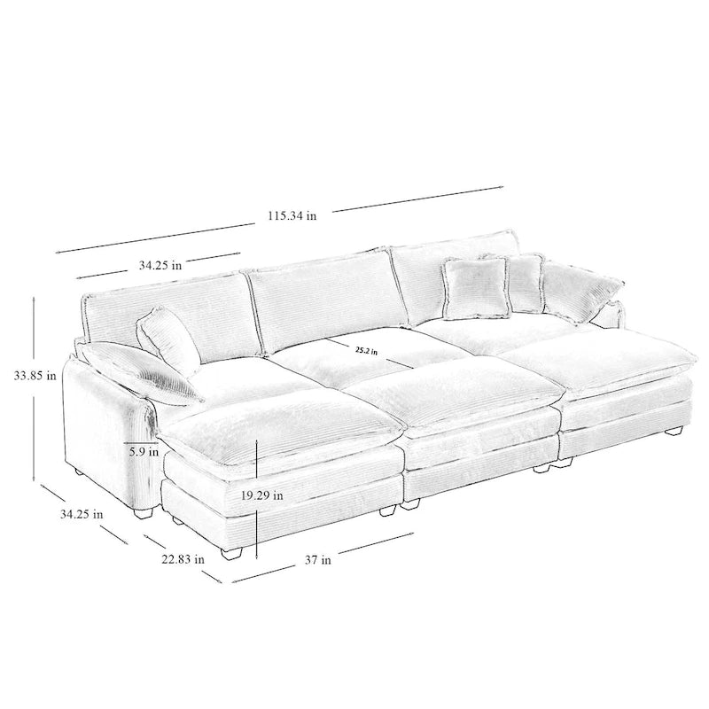 Divano componibile in velluto a coste beige, 6 pezzi con pouf e cuscini