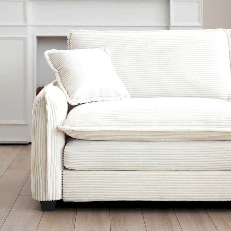 Divano componibile in velluto a coste beige, 6 pezzi con pouf e cuscini