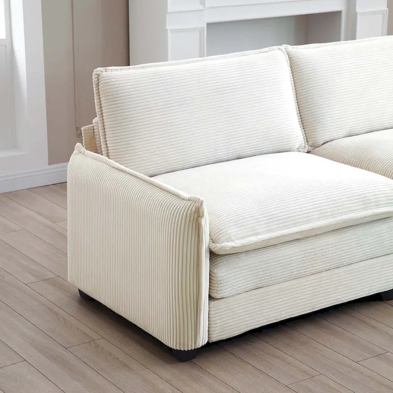 Divano componibile in velluto a coste beige, 6 pezzi con pouf e cuscini