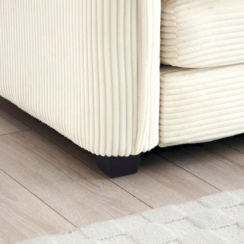 Divano componibile in velluto a coste beige, 6 pezzi con pouf e cuscini