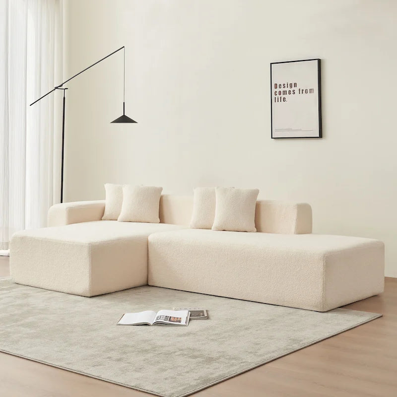 Divano componibile a L con chaise longue, tessuto Sherpa, 5 posti