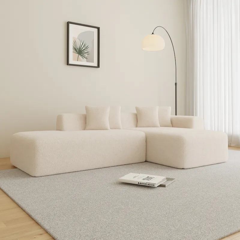 Divano componibile a L con chaise longue, tessuto Sherpa, 5 posti