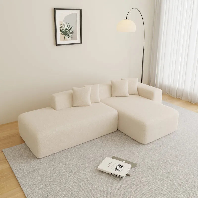 Divano componibile a L con chaise longue, tessuto Sherpa, 5 posti