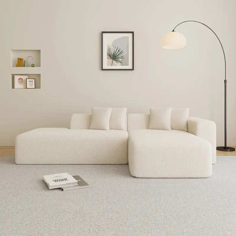 Divano componibile a L con chaise longue, tessuto Sherpa, 5 posti