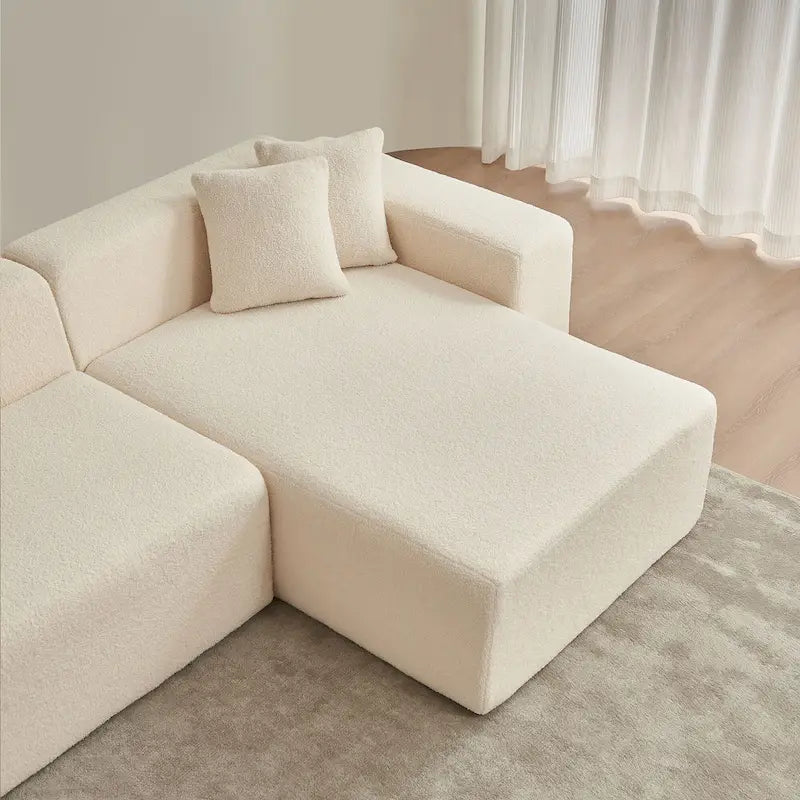 Divano componibile a L con chaise longue, tessuto Sherpa, 5 posti