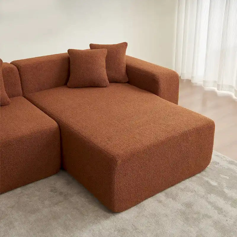 Divano componibile a L con chaise longue, tessuto Sherpa, 5 posti