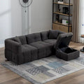 Divano Sezionale a 4 Posti in Pile Orsetto Grigio / Bianco Crema con Pouf
