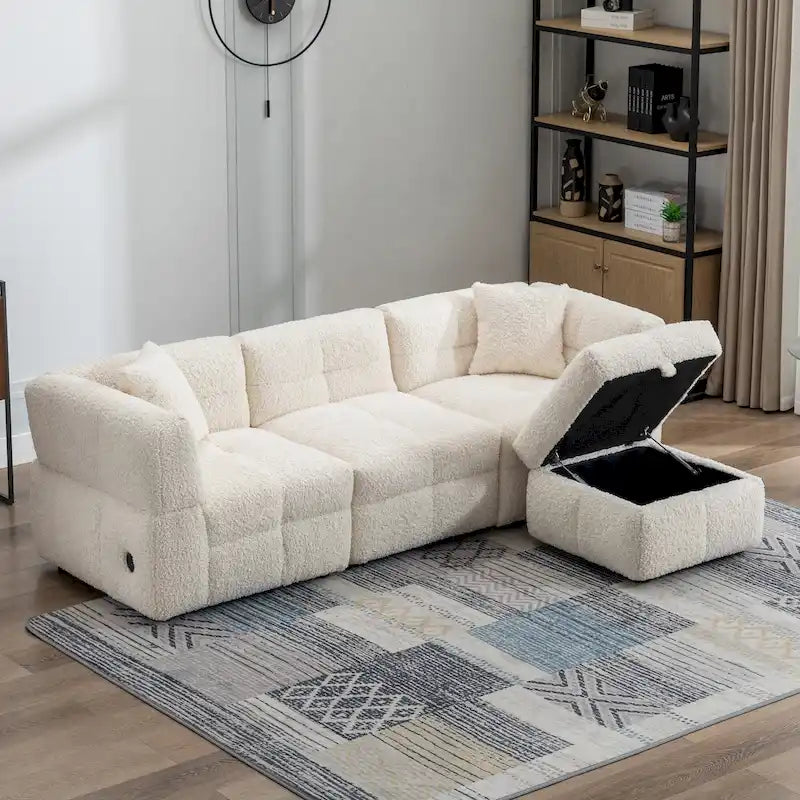 Divano Sezionale a 4 Posti in Pile Orsetto Grigio / Bianco Crema con Pouf