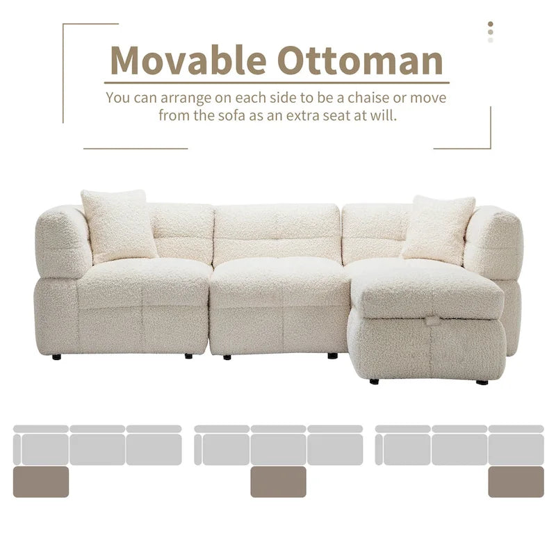 Divano Sezionale a 4 Posti in Pile Orsetto Grigio / Bianco Crema con Pouf