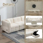 Divano Sezionale a 4 Posti in Pile Orsetto Grigio / Bianco Crema con Pouf