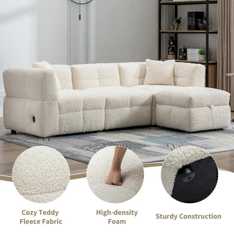 Divano Sezionale a 4 Posti in Pile Orsetto Grigio / Bianco Crema con Pouf