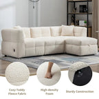 Divano Sezionale a 4 Posti in Pile Orsetto Grigio / Bianco Crema con Pouf