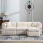 Divano Sezionale a 4 Posti in Pile Orsetto Grigio / Bianco Crema con Pouf
