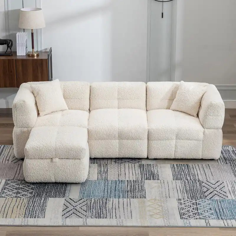 Divano Sezionale a 4 Posti in Pile Orsetto Grigio / Bianco Crema con Pouf