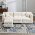 Divano Sezionale a 4 Posti in Pile Orsetto Grigio / Bianco Crema con Pouf