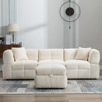 Divano Sezionale a 4 Posti in Pile Orsetto Grigio / Bianco Crema con Pouf