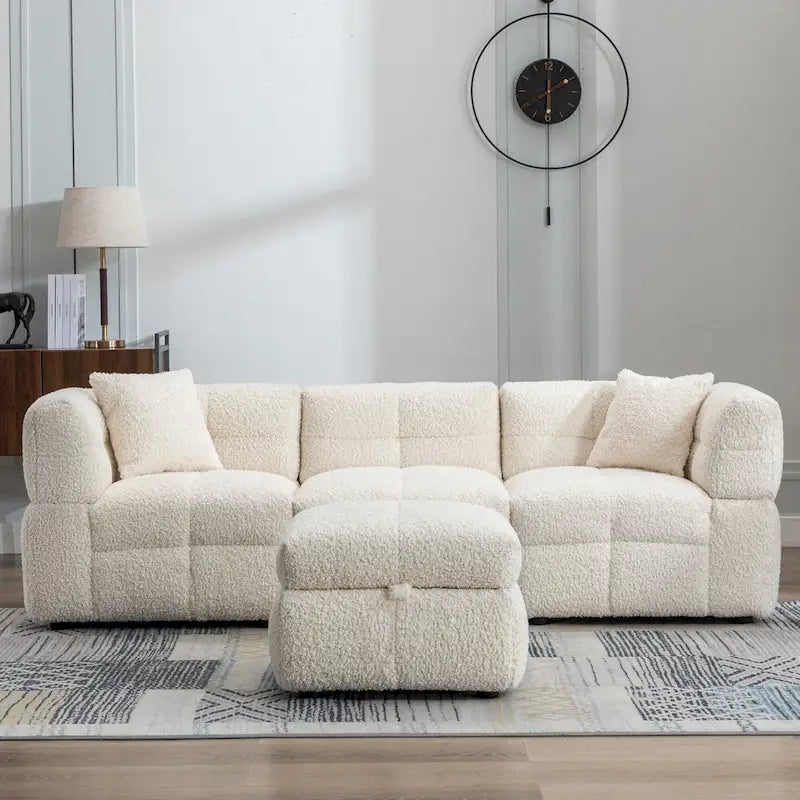 Divano Sezionale a 4 Posti in Pile Orsetto Grigio / Bianco Crema con Pouf