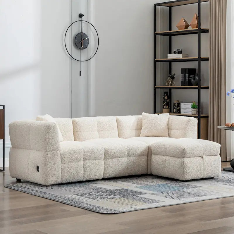 Divano Sezionale a 4 Posti in Pile Orsetto Grigio / Bianco Crema con Pouf