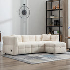 Divano Sezionale a 4 Posti in Pile Orsetto Grigio / Bianco Crema con Pouf