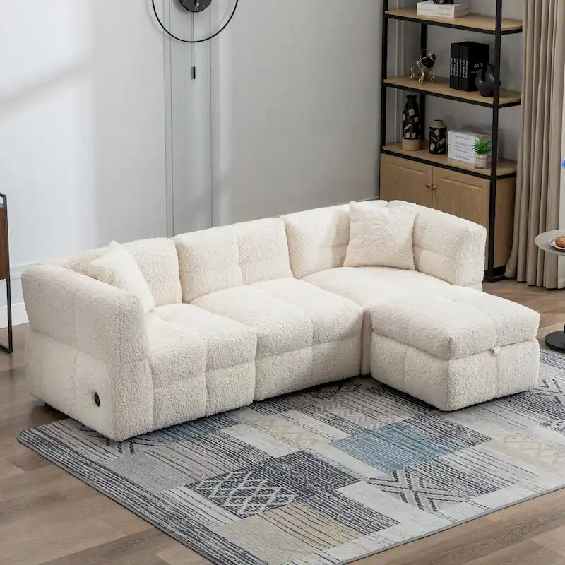 Divano Sezionale a 4 Posti in Pile Orsetto Grigio / Bianco Crema con Pouf