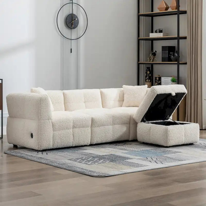 Divano Sezionale a 4 Posti in Pile Orsetto Grigio / Bianco Crema con Pouf