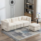 Divano Sezionale a 4 Posti in Pile Orsetto Grigio / Bianco Crema con Pouf