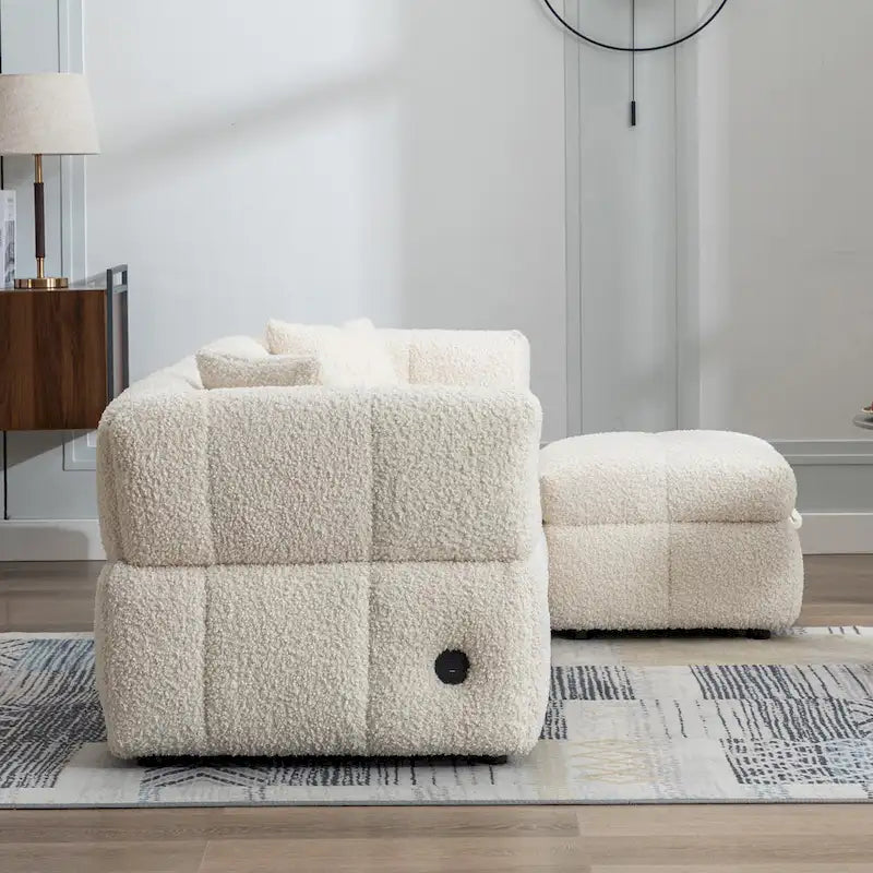 Divano Sezionale a 4 Posti in Pile Orsetto Grigio / Bianco Crema con Pouf