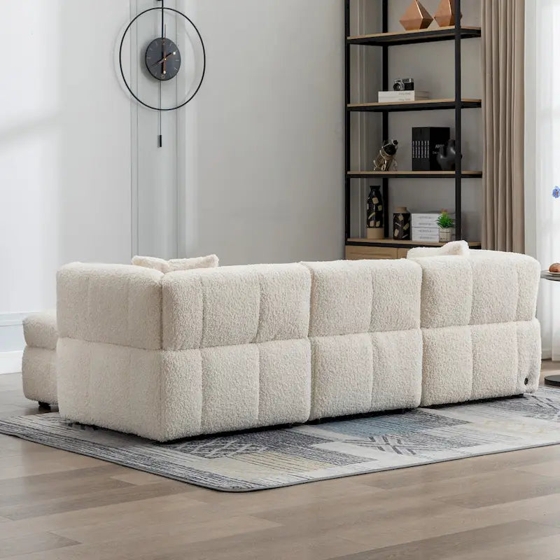 Divano Sezionale a 4 Posti in Pile Orsetto Grigio / Bianco Crema con Pouf