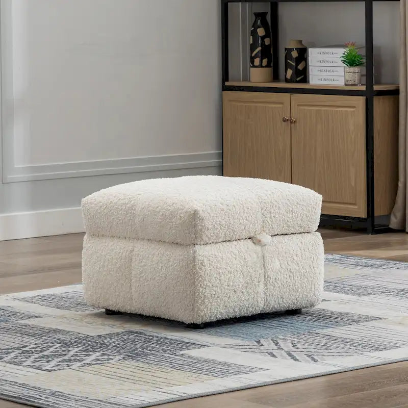 Divano Sezionale a 4 Posti in Pile Orsetto Grigio / Bianco Crema con Pouf