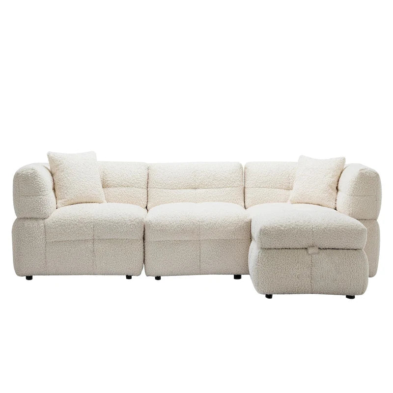 Divano Sezionale a 4 Posti in Pile Orsetto Grigio / Bianco Crema con Pouf