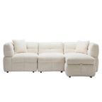 Divano Sezionale a 4 Posti in Pile Orsetto Grigio / Bianco Crema con Pouf