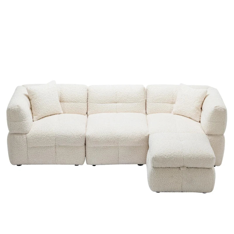Divano Sezionale a 4 Posti in Pile Orsetto Grigio / Bianco Crema con Pouf