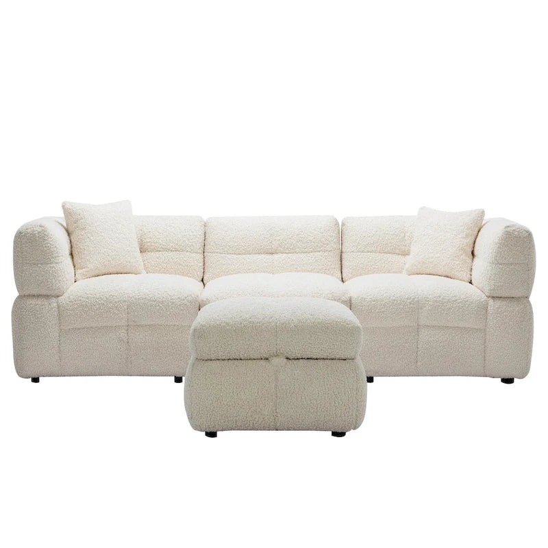Divano Sezionale a 4 Posti in Pile Orsetto Grigio / Bianco Crema con Pouf