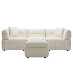 Divano Sezionale a 4 Posti in Pile Orsetto Grigio / Bianco Crema con Pouf
