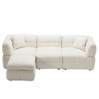 Divano Sezionale a 4 Posti in Pile Orsetto Grigio / Bianco Crema con Pouf