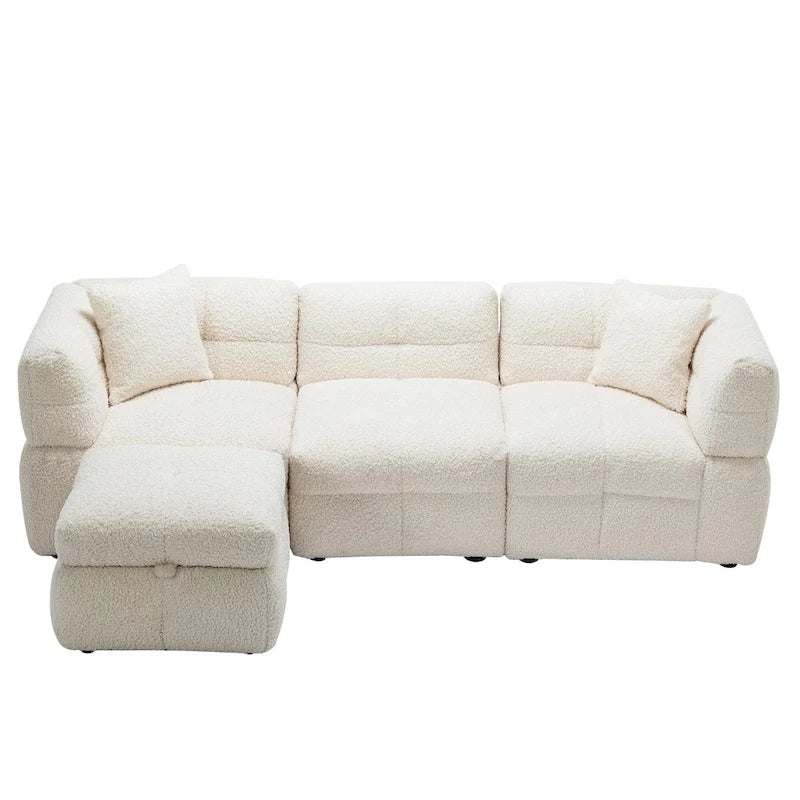 Divano Sezionale a 4 Posti in Pile Orsetto Grigio / Bianco Crema con Pouf