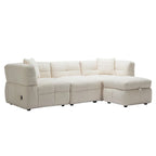 Divano Sezionale a 4 Posti in Pile Orsetto Grigio / Bianco Crema con Pouf