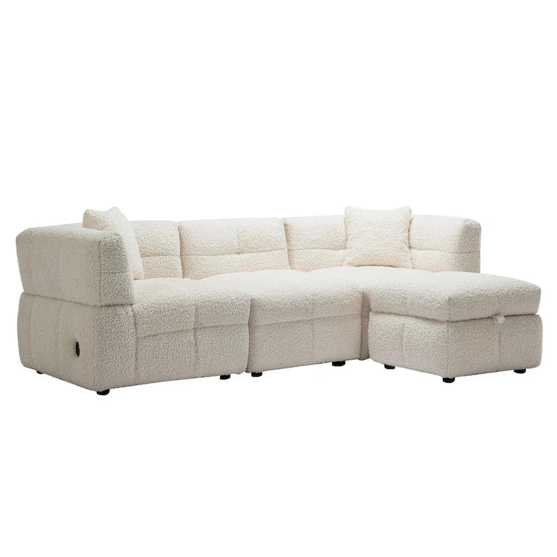 Divano Sezionale a 4 Posti in Pile Orsetto Grigio / Bianco Crema con Pouf