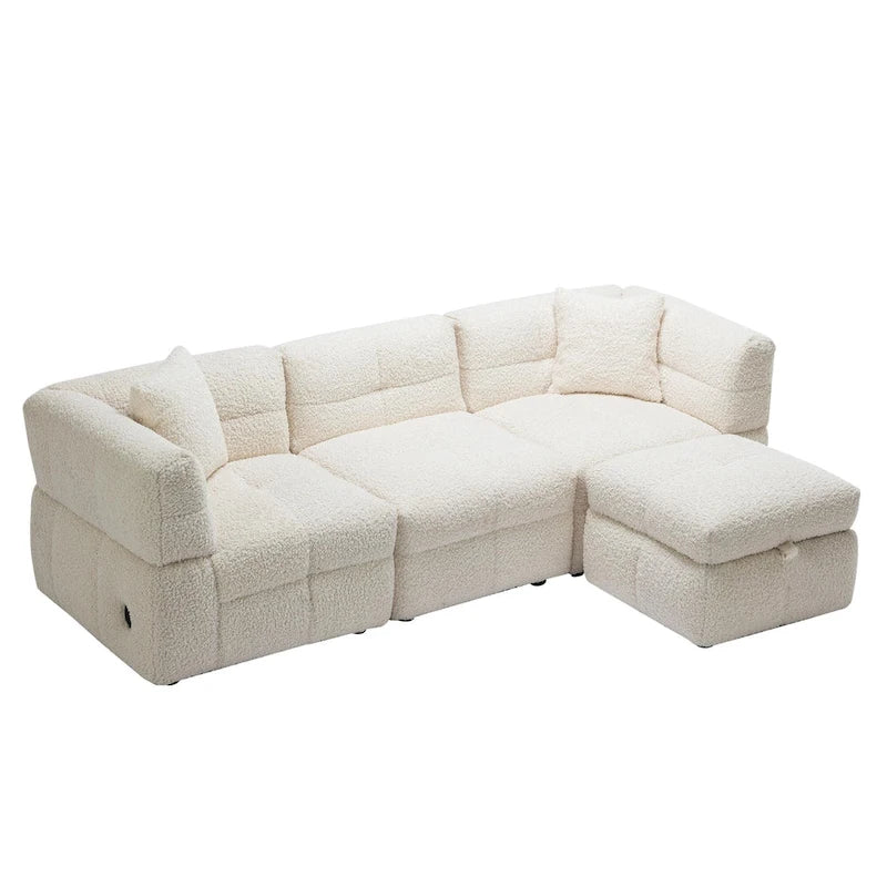 Divano Sezionale a 4 Posti in Pile Orsetto Grigio / Bianco Crema con Pouf
