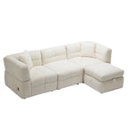 Divano Sezionale a 4 Posti in Pile Orsetto Grigio / Bianco Crema con Pouf
