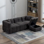 Divano Sezionale a 4 Posti in Pile Orsetto Grigio / Bianco Crema con Pouf