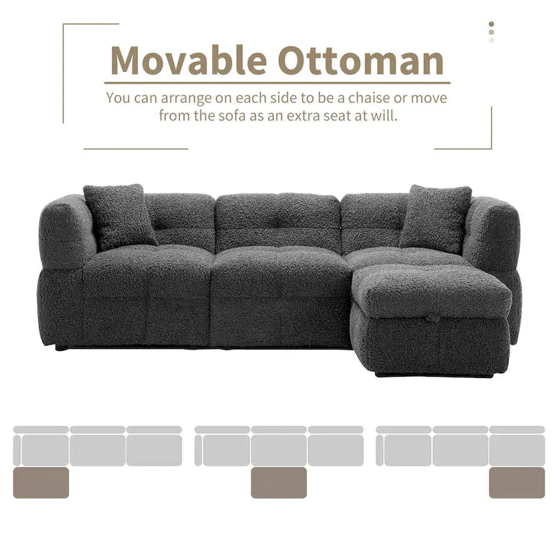 Divano Sezionale a 4 Posti in Pile Orsetto Grigio / Bianco Crema con Pouf
