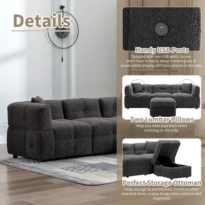 Divano Sezionale a 4 Posti in Pile Orsetto Grigio / Bianco Crema con Pouf