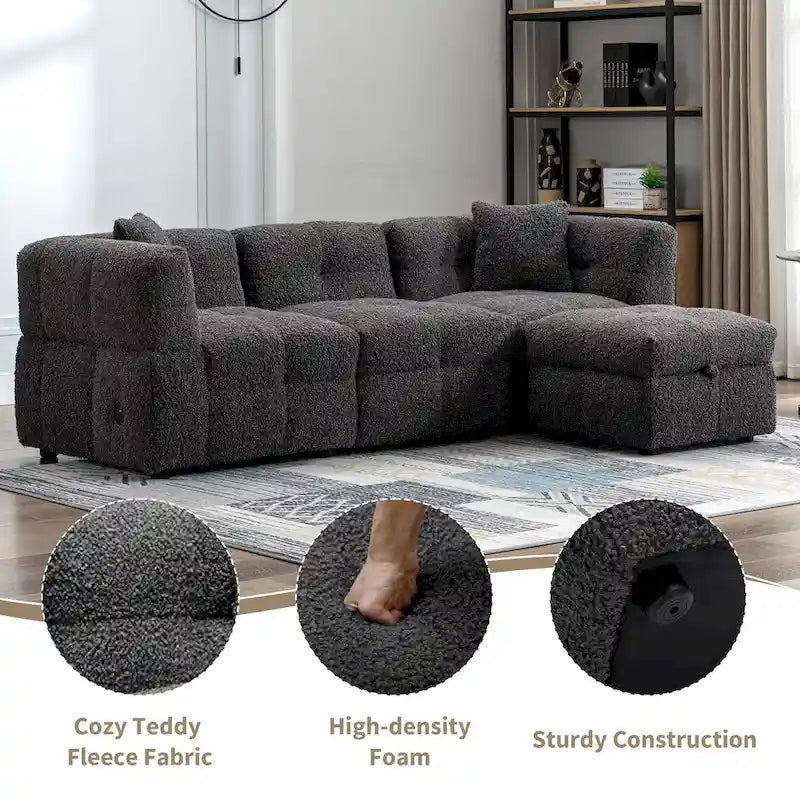 Divano Sezionale a 4 Posti in Pile Orsetto Grigio / Bianco Crema con Pouf