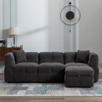 Divano Sezionale a 4 Posti in Pile Orsetto Grigio / Bianco Crema con Pouf