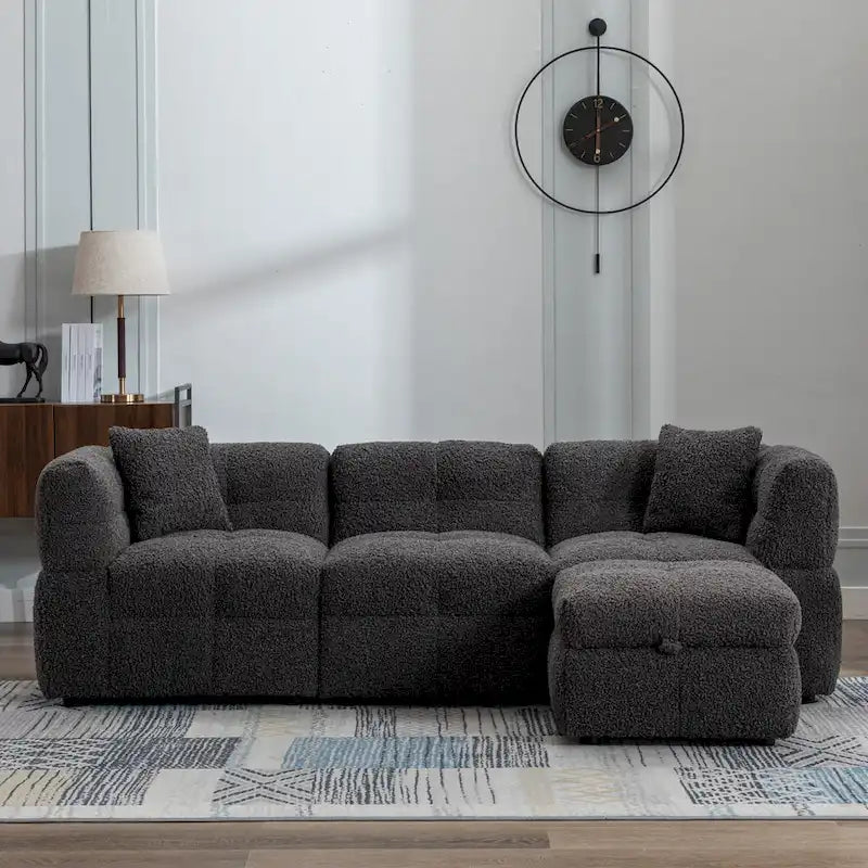 Divano Sezionale a 4 Posti in Pile Orsetto Grigio / Bianco Crema con Pouf