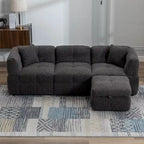 Divano Sezionale a 4 Posti in Pile Orsetto Grigio / Bianco Crema con Pouf