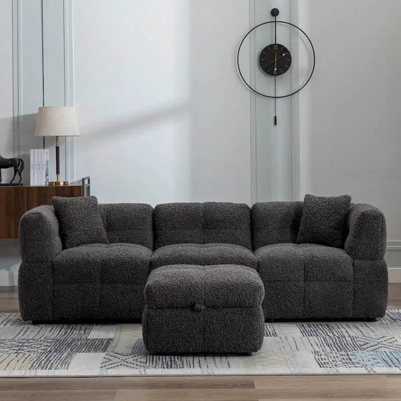 Divano Sezionale a 4 Posti in Pile Orsetto Grigio / Bianco Crema con Pouf