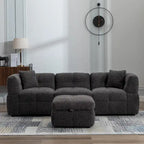 Divano Sezionale a 4 Posti in Pile Orsetto Grigio / Bianco Crema con Pouf