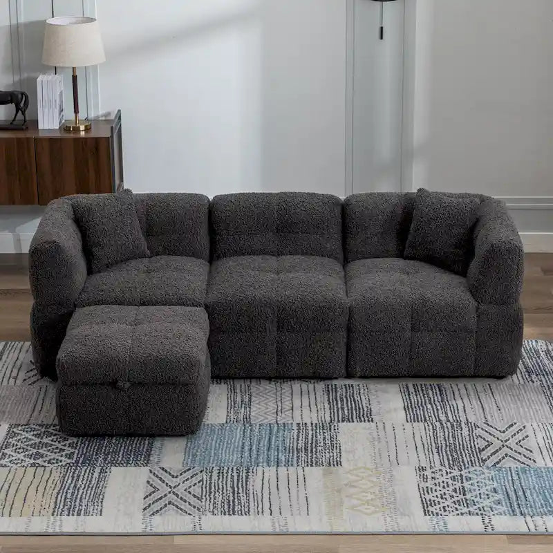 Divano Sezionale a 4 Posti in Pile Orsetto Grigio / Bianco Crema con Pouf